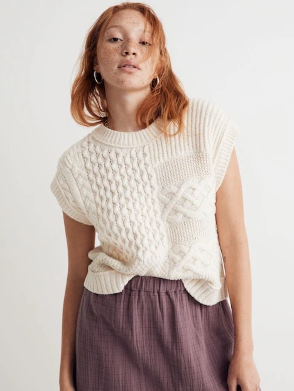 Madewell Patchwork Sweater Vest Antique Cream Cable Knit Sleeveless Small